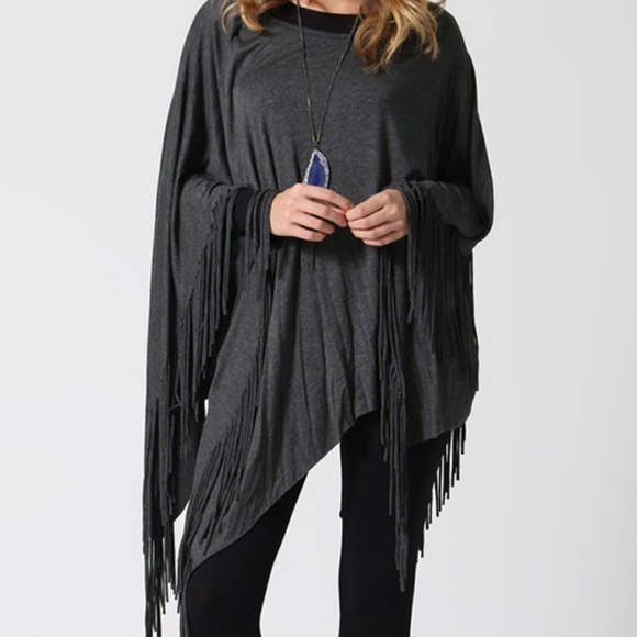 Lydiane Tops - Charcoal Fringe Poncho